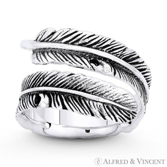 Rustic-Finish Eagle's Feather Charm Bypass Ring in .925 Sterling Silver - Size 7 - Picture 1 of 1